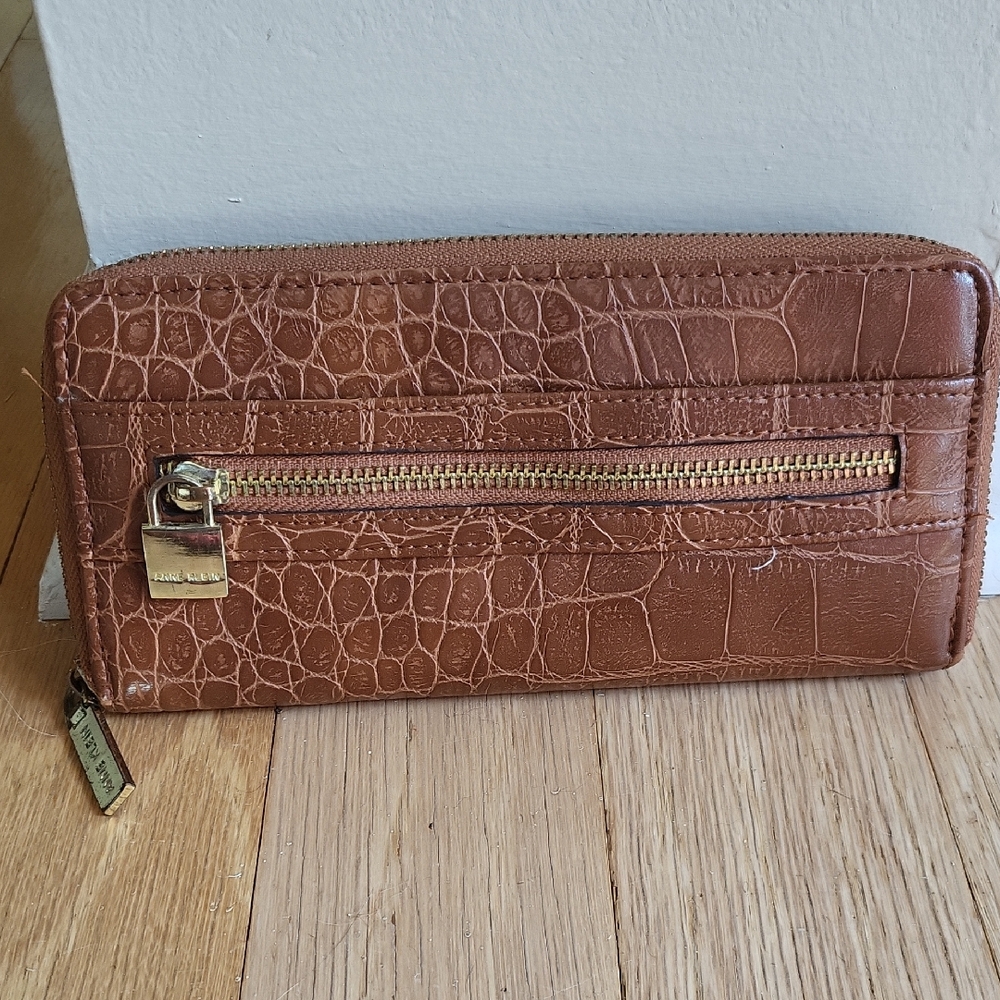 Anne Klein Brown Crocodile Embossed Wallet with Gold Accents